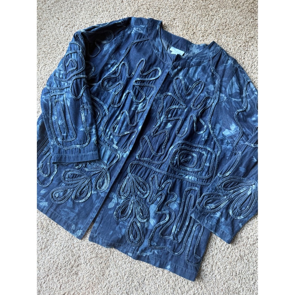 Denim Jacket Blazer Floral‎ Applique Open Front Plus Size 1X Liz & Me unique